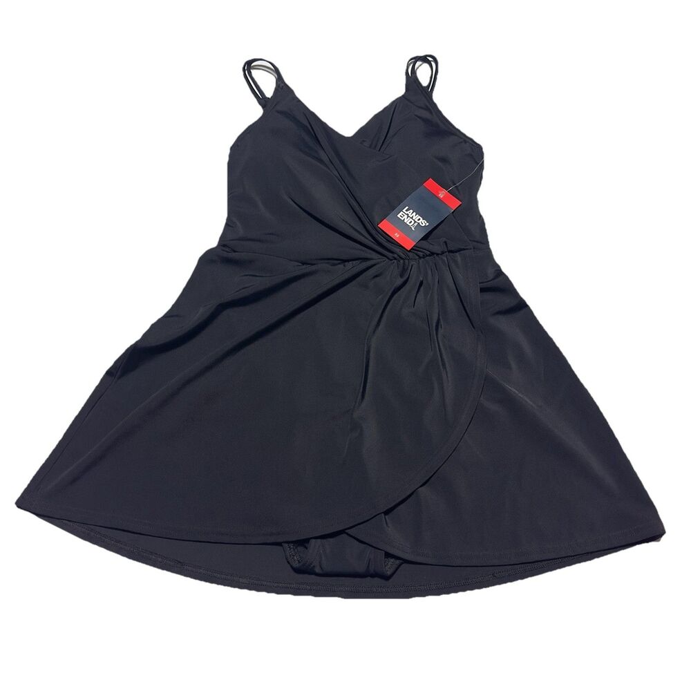 Lands' End Swim Dress Womens XS Wrap One Piece Swimsuit Black Padded bra NWT